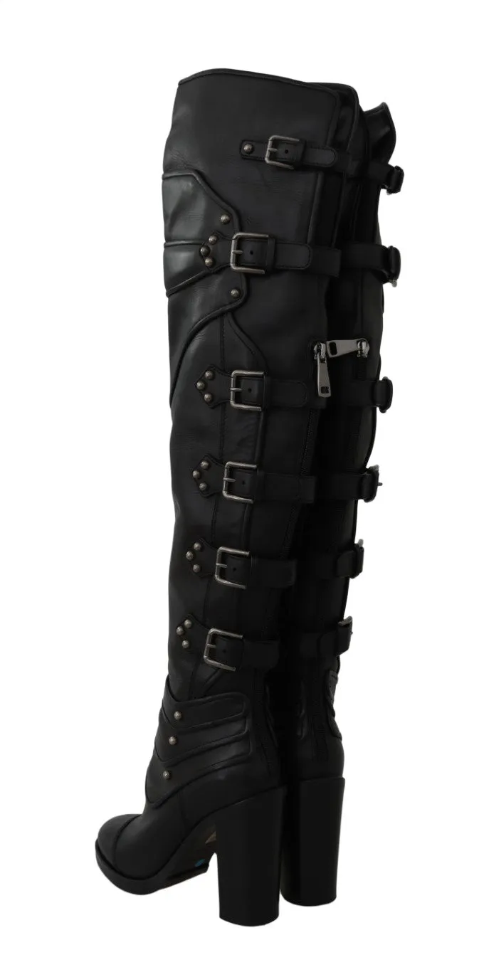 Black Leather Over Knee Biker Boots