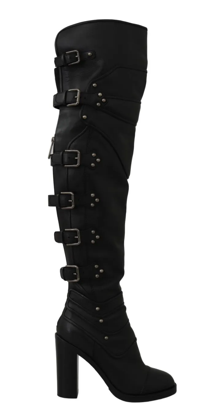 Black Leather Over Knee Biker Boots