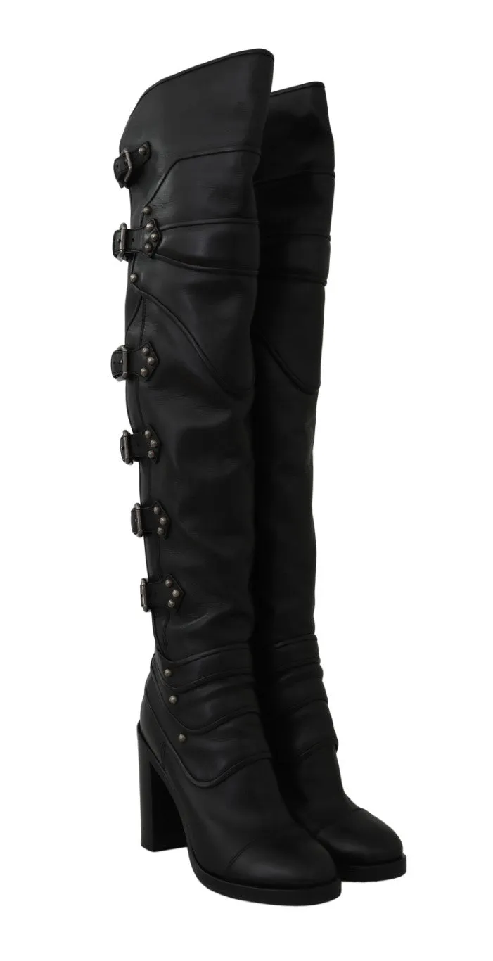 Black Leather Over Knee Biker Boots