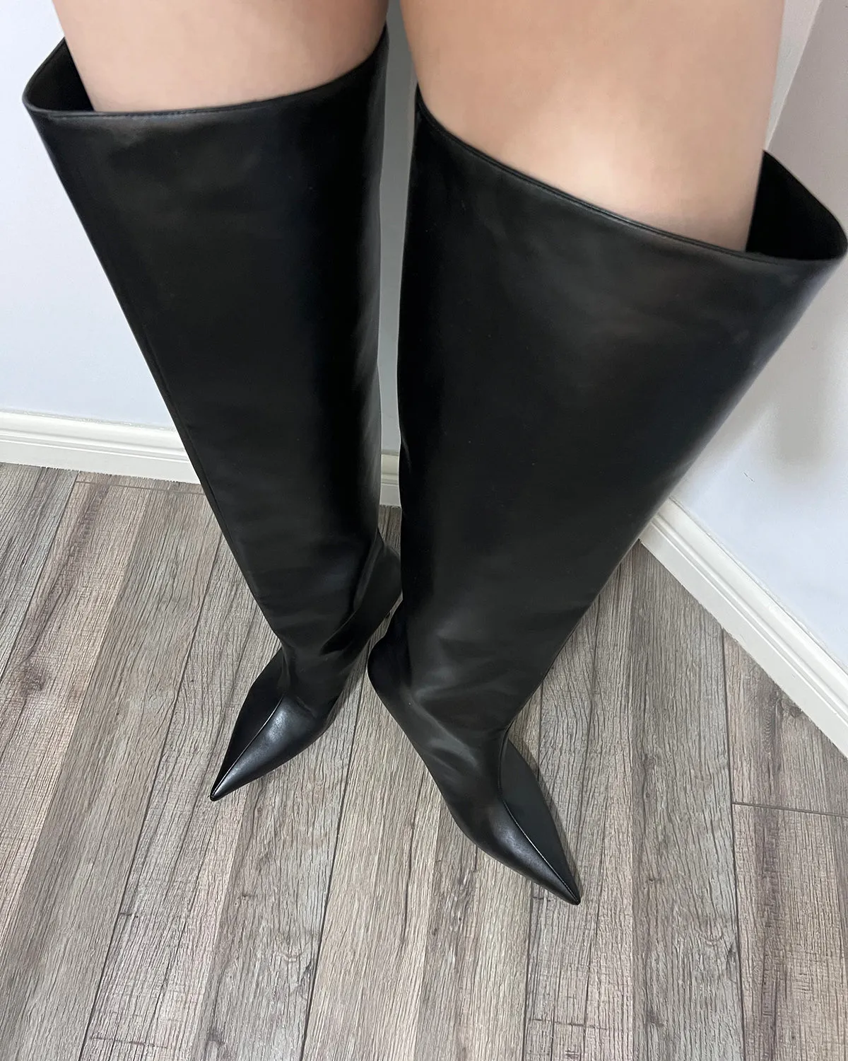 Black leather thigh high wide calf boots for women