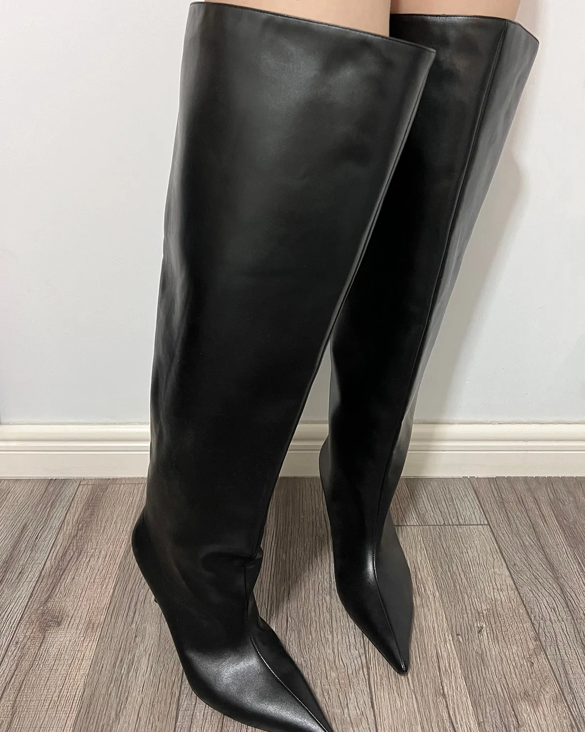 Black leather thigh high wide calf boots for women
