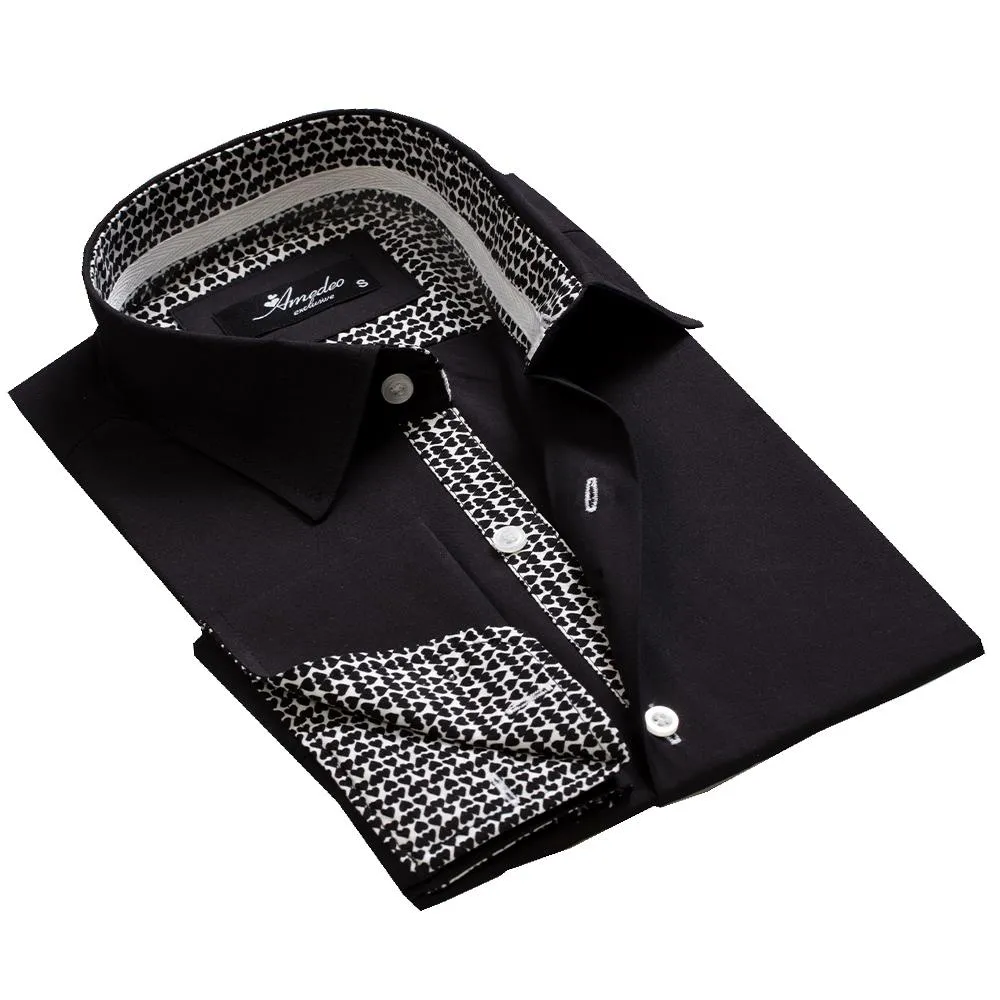 Black Mens Slim Fit French Cuff Shirts with Cufflink Holes - Casual and Formal