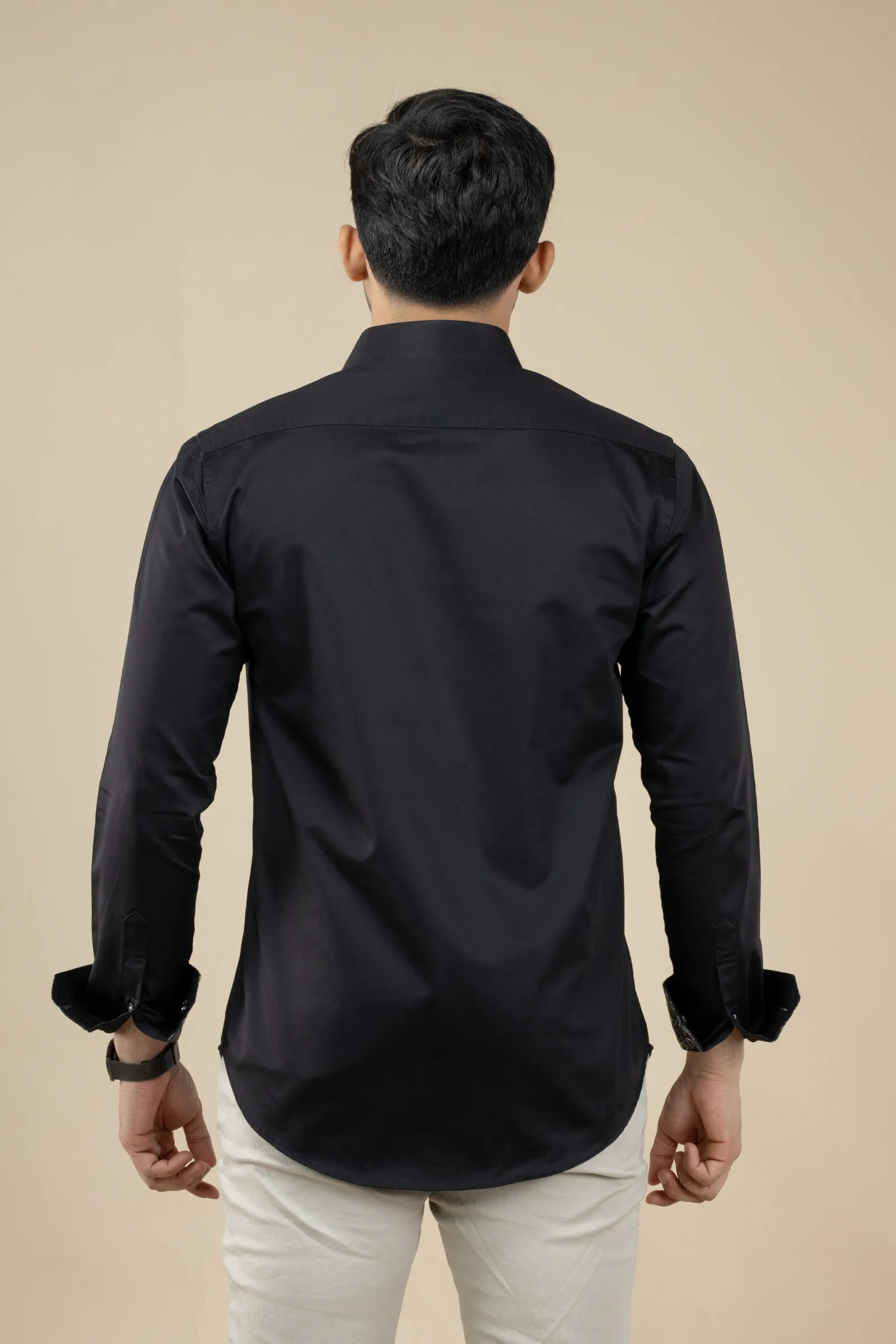 Black Satin Shirt with Inner Collar Cuff Contrast