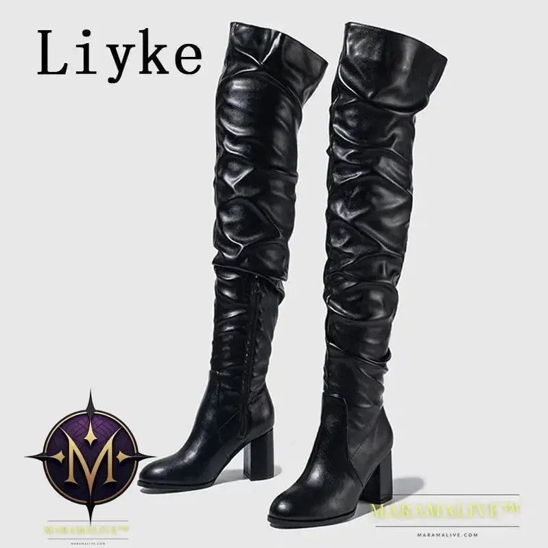 Black - Women's Boots Zip Over The Knee Thigh High Boots Fashion Pleated Leather Round Toe Square Heels Booties Shoes