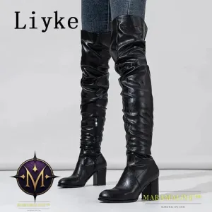 Black - Women's Boots Zip Over The Knee Thigh High Boots Fashion Pleated Leather Round Toe Square Heels Booties Shoes