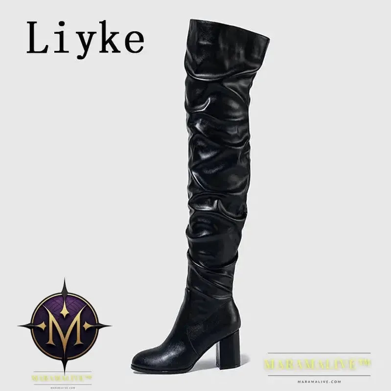 Black - Women's Boots Zip Over The Knee Thigh High Boots Fashion Pleated Leather Round Toe Square Heels Booties Shoes