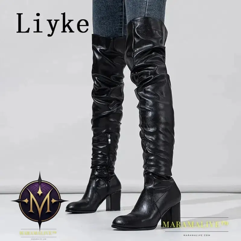 Black - Women's Boots Zip Over The Knee Thigh High Boots Fashion Pleated Leather Round Toe Square Heels Booties Shoes