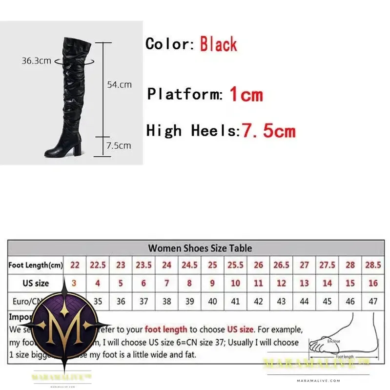 Black - Women's Boots Zip Over The Knee Thigh High Boots Fashion Pleated Leather Round Toe Square Heels Booties Shoes