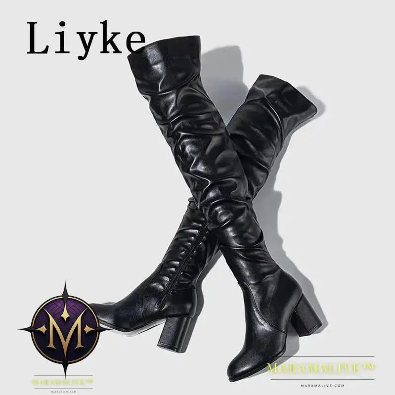 Black - Women's Boots Zip Over The Knee Thigh High Boots Fashion Pleated Leather Round Toe Square Heels Booties Shoes