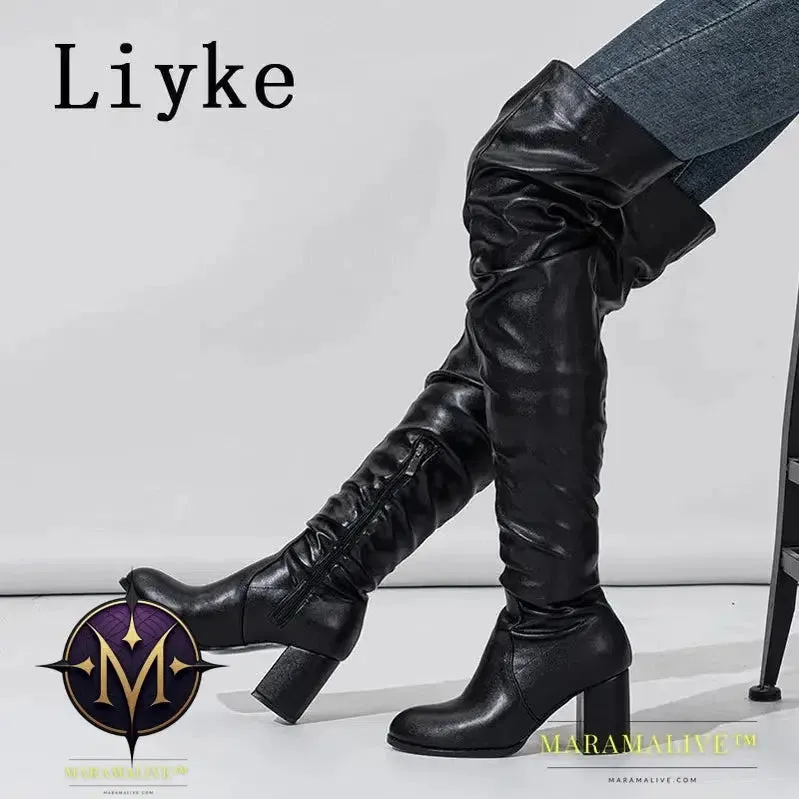 Black - Women's Boots Zip Over The Knee Thigh High Boots Fashion Pleated Leather Round Toe Square Heels Booties Shoes