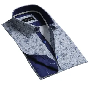 Blue and White Mens Slim Fit French Cuff Shirts with Cufflink Holes - Casual and Formal