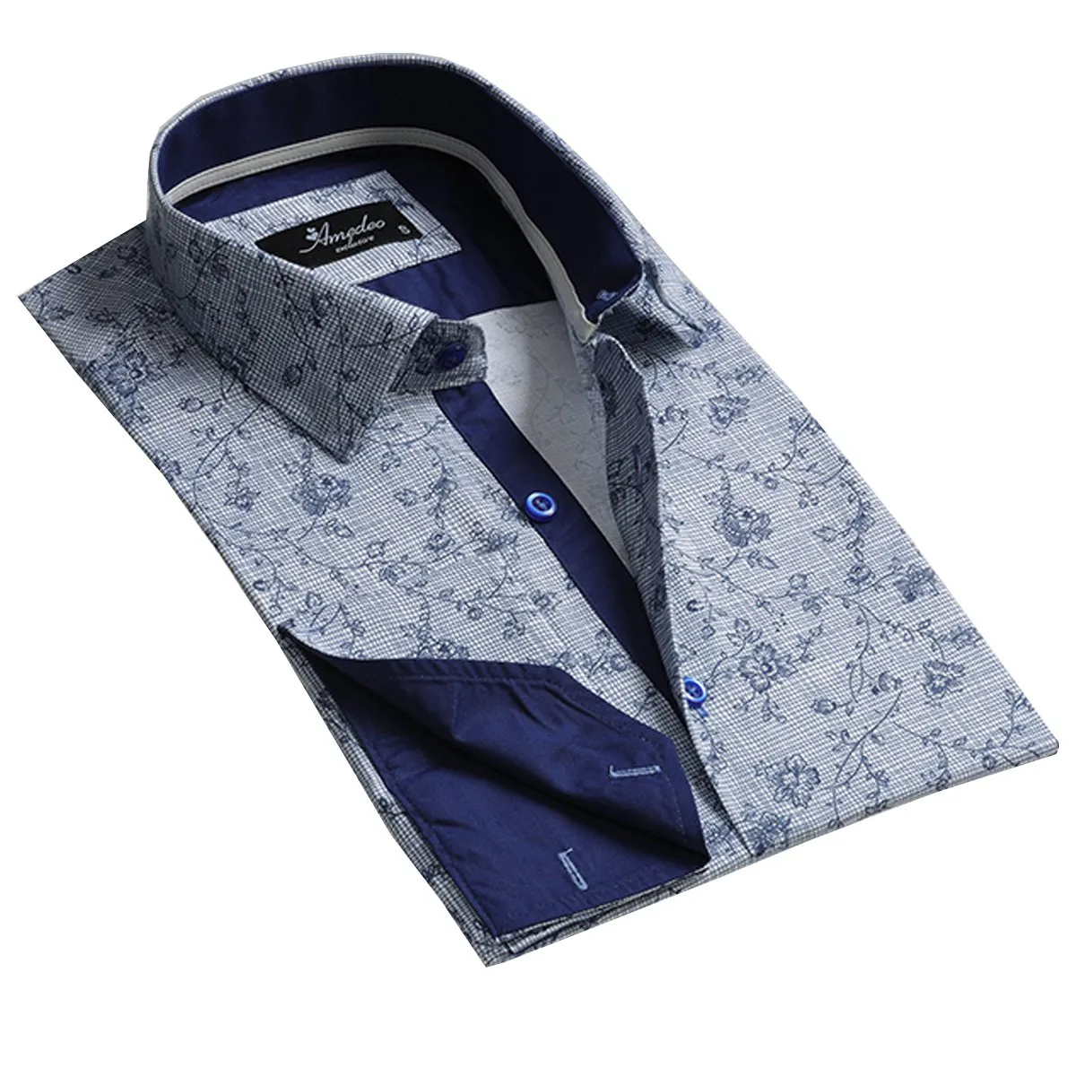 Blue and White Mens Slim Fit French Cuff Shirts with Cufflink Holes - Casual and Formal