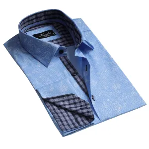 Blue Floral Mens Slim Fit French Cuff Shirts with Cufflink Holes - Casual and Formal
