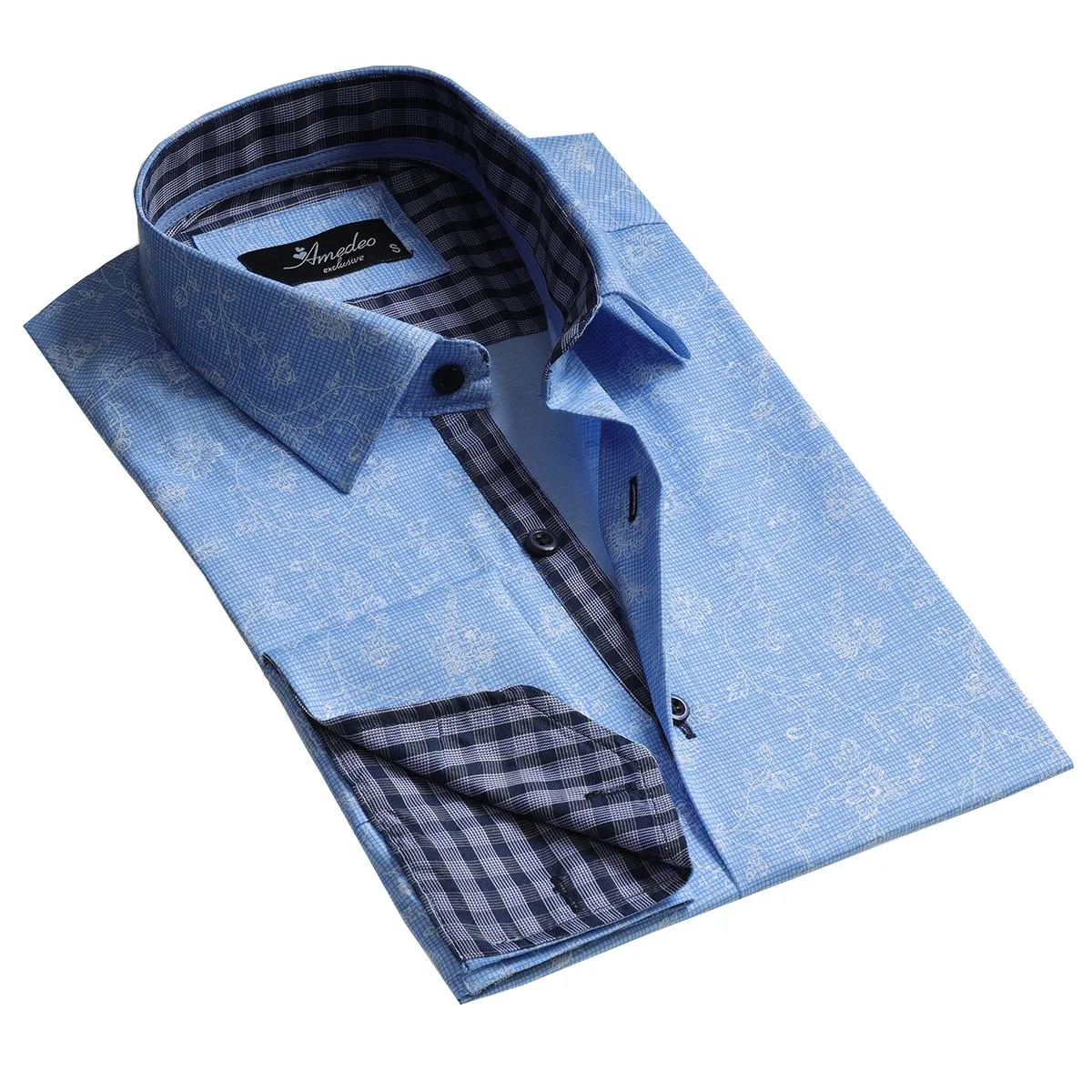 Blue Floral Mens Slim Fit French Cuff Shirts with Cufflink Holes - Casual and Formal