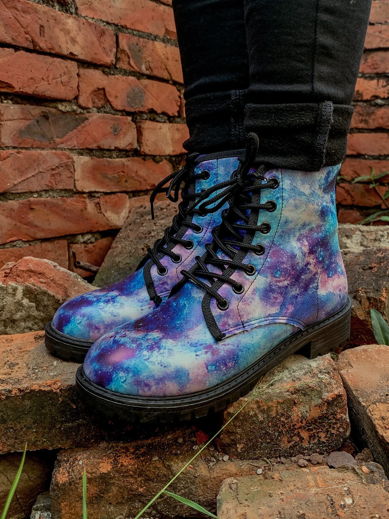Blue Galaxy Space Lace Up Combat Boots