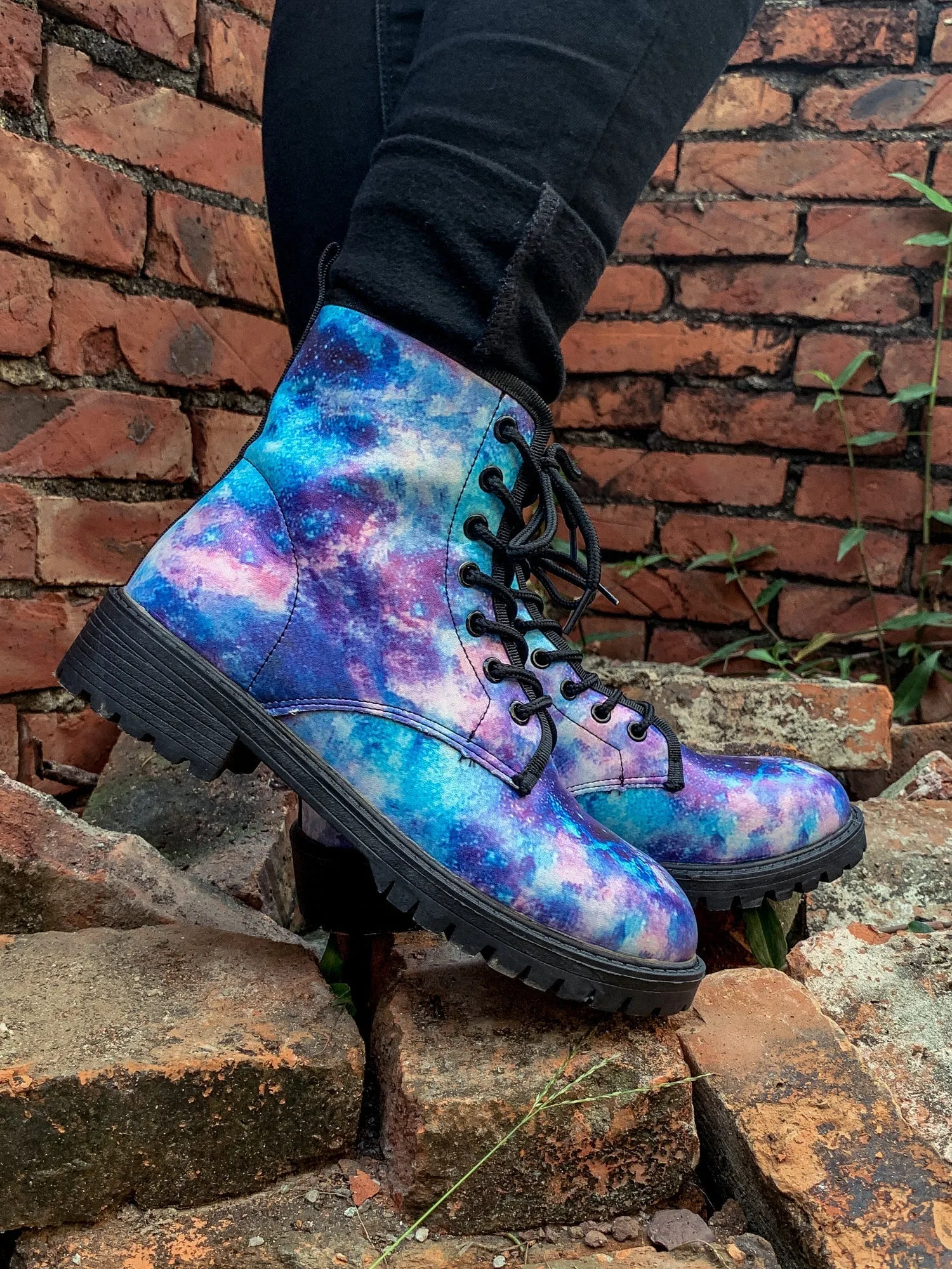 Blue Galaxy Space Lace Up Combat Boots