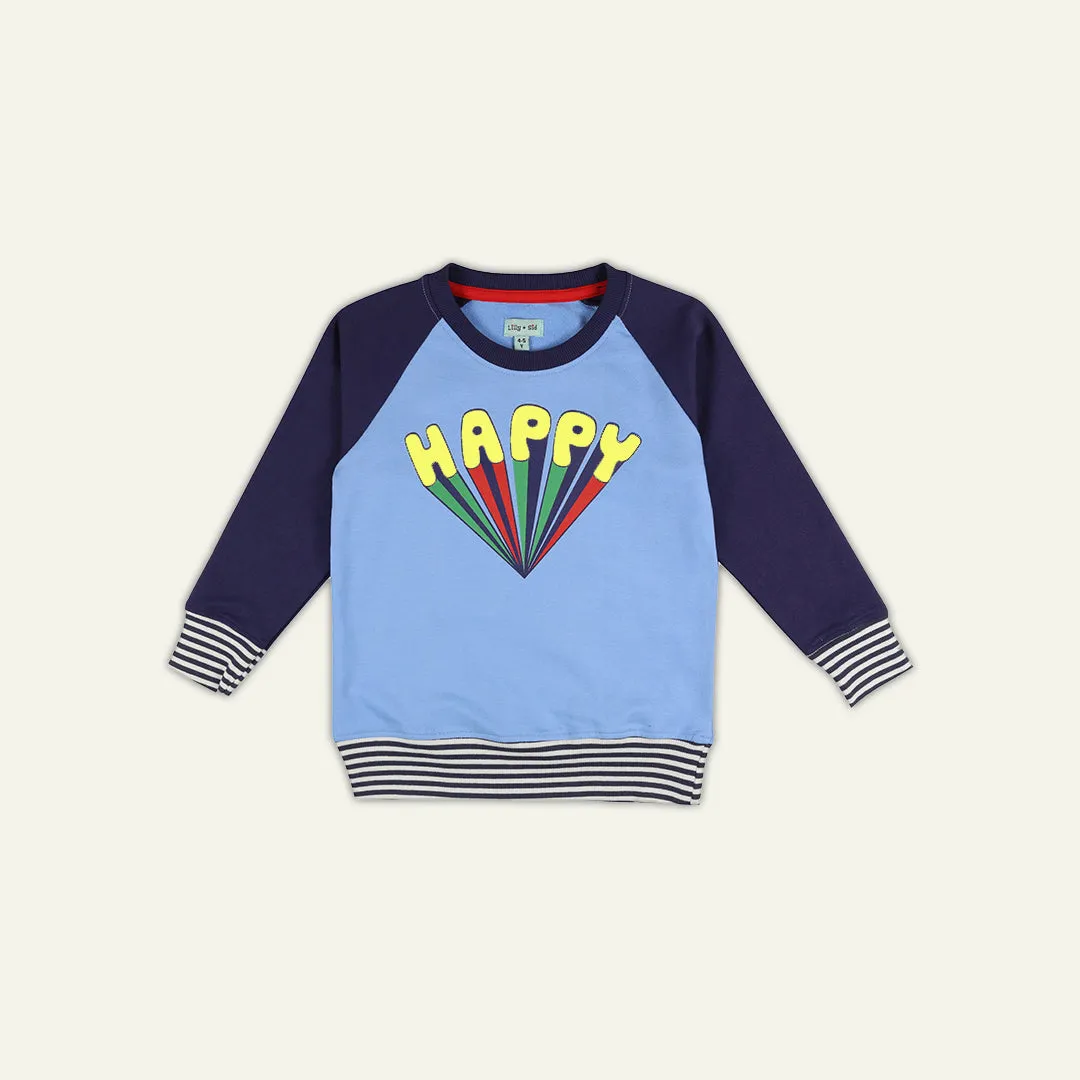 Blue Happy Slogan Print Sweatshirt