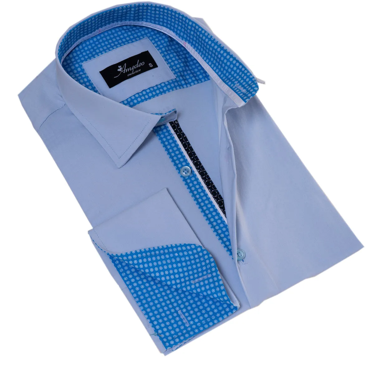 Blue inside Blue White Polka Dot Mens Slim Fit Designer French Cuff