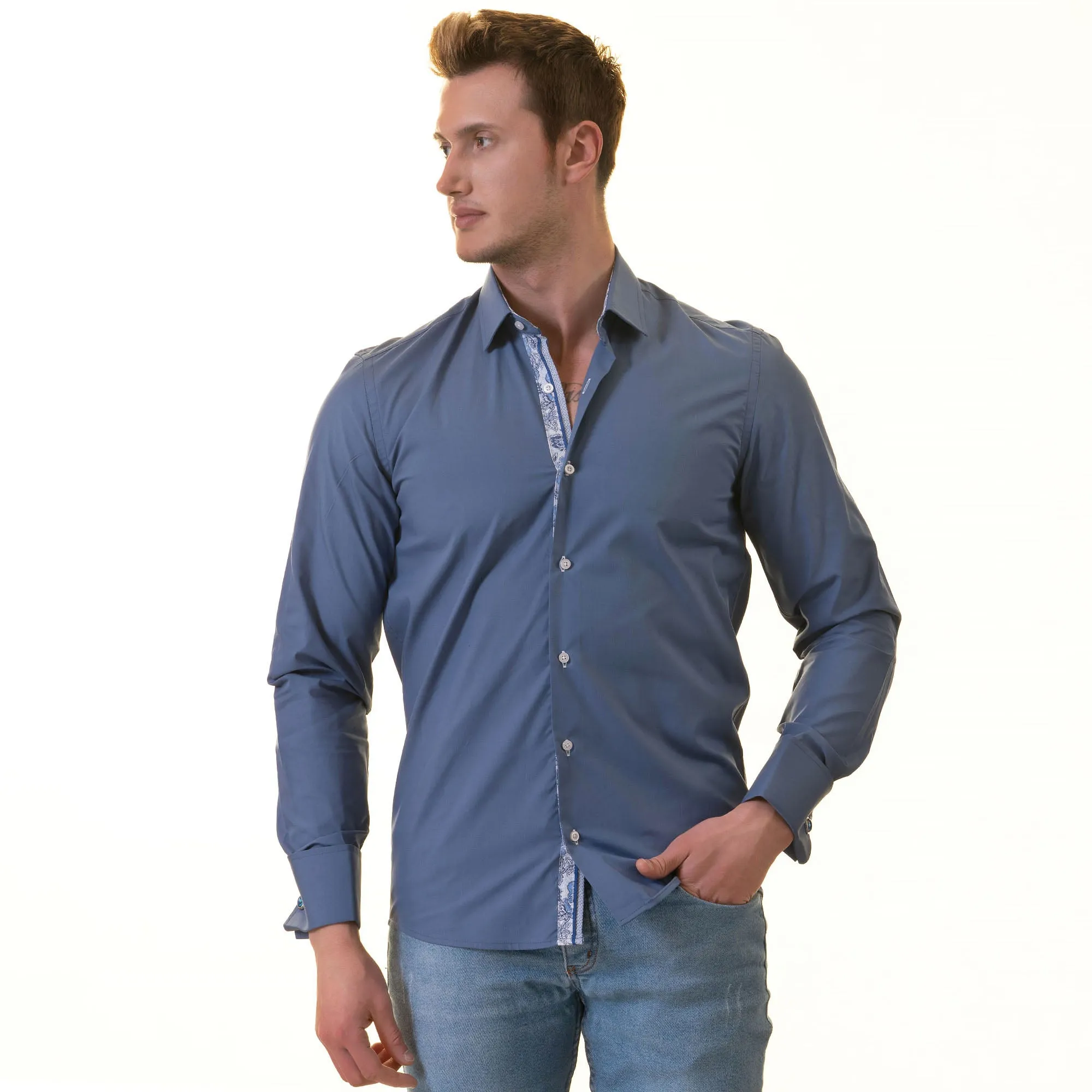 Blue inside Paisley Mens Slim Fit Designer French Cuff Shirt