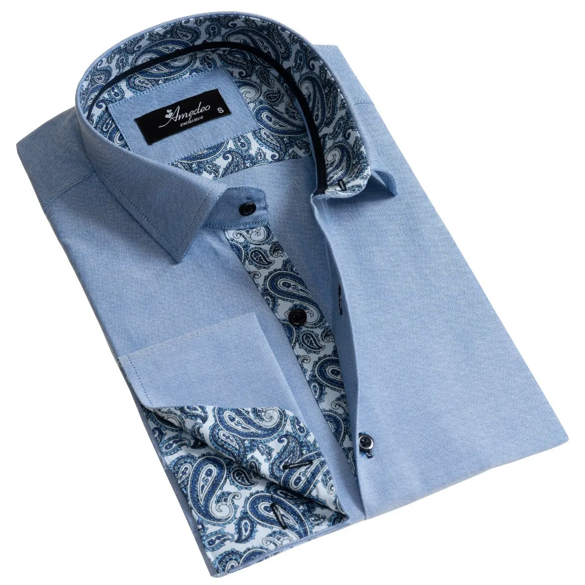 Blue Men's Slim Fit French Cuff Shirts with Cufflink Holes - Casual and Formal