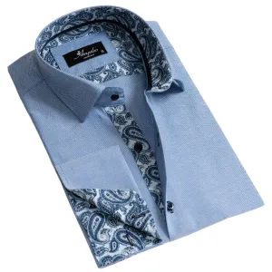 Blue Men's Slim Fit French Cuff Shirts with Cufflink Holes - Casual and Formal