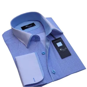 Blue Mens Slim Fit French Cuff Shirts with Cufflink Holes - Casual and Formal
