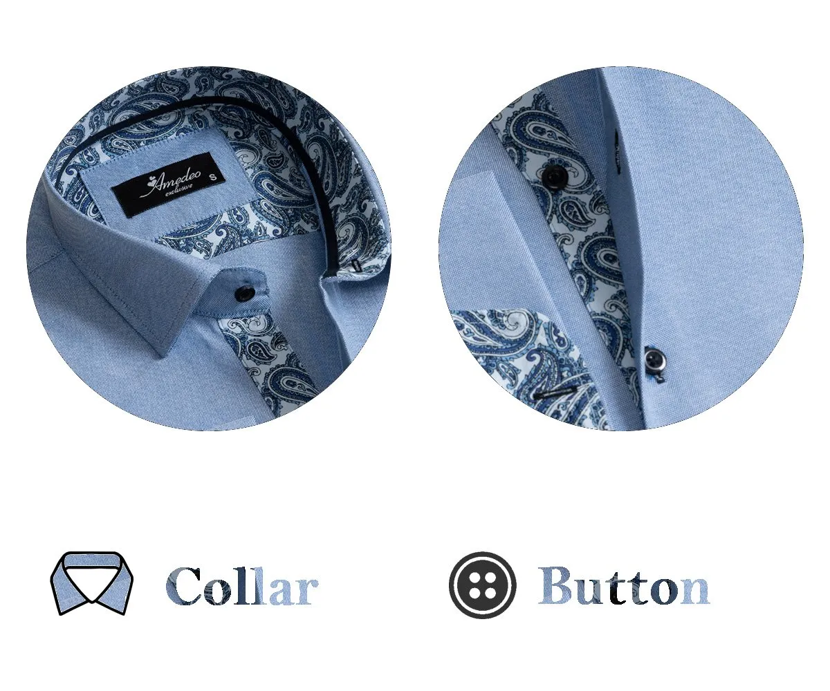 Blue Men's Slim Fit French Cuff Shirts with Cufflink Holes - Casual and Formal