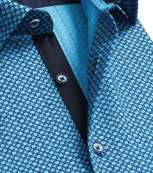 Blue on Dark Blue Short Sleeve Button up Shirts for Men - Tailored Slim Fit Cotton Dress Shirts