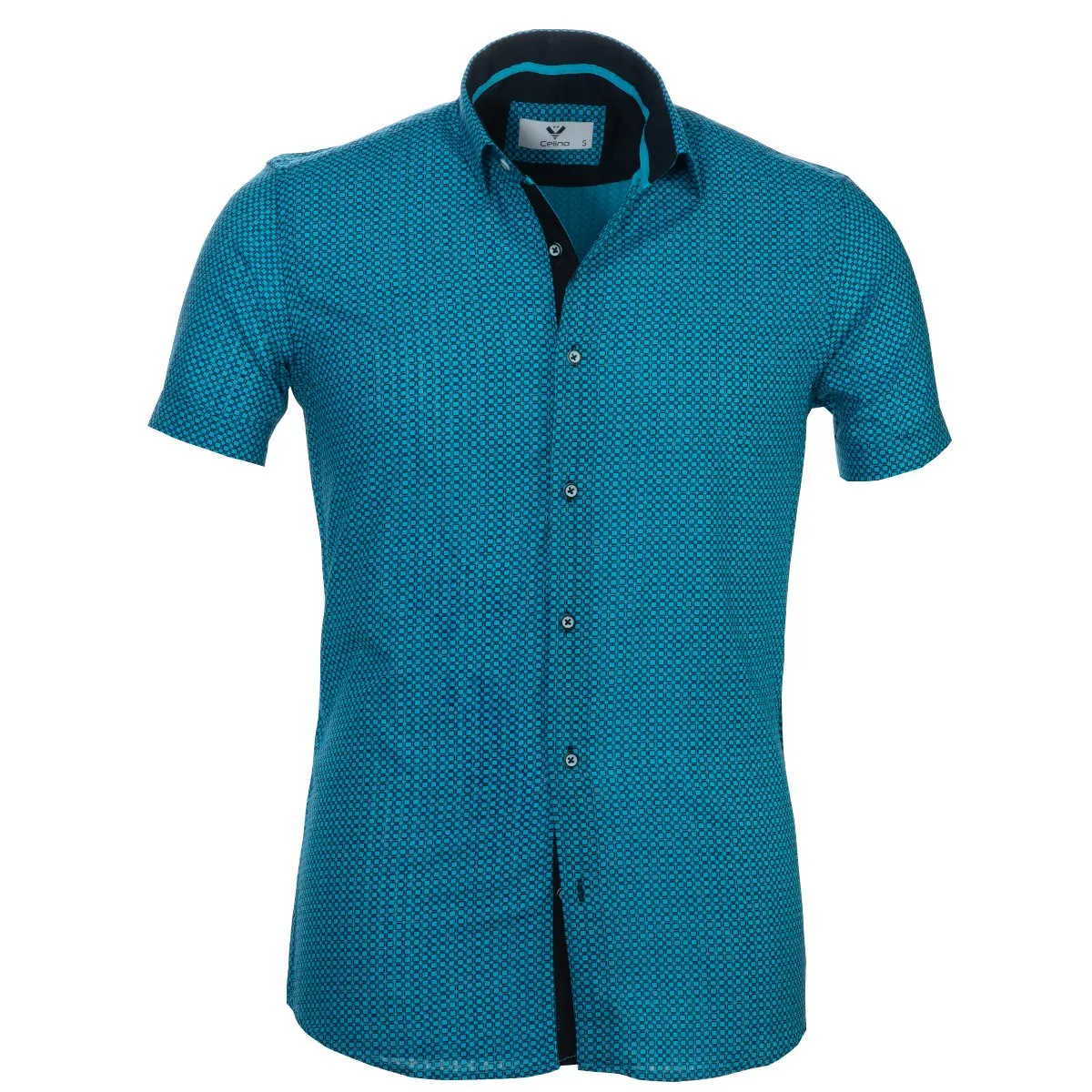 Blue on Dark Blue Short Sleeve Button up Shirts for Men - Tailored Slim Fit Cotton Dress Shirts