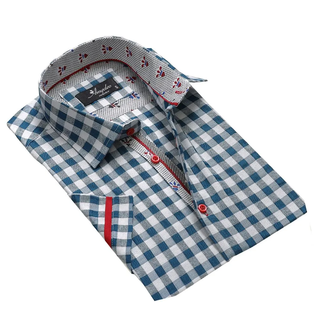 Blue White Checkered Mens Short Sleeve Button up Shirts - Tailored Slim Fit Cotton Dress Shirts