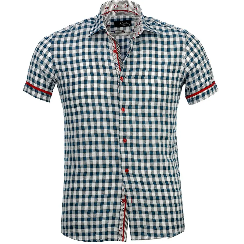 Blue White Checkered Mens Short Sleeve Button up Shirts - Tailored Slim Fit Cotton Dress Shirts