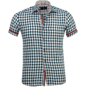 Blue White Checkered Mens Short Sleeve Button up Shirts - Tailored Slim Fit Cotton Dress Shirts