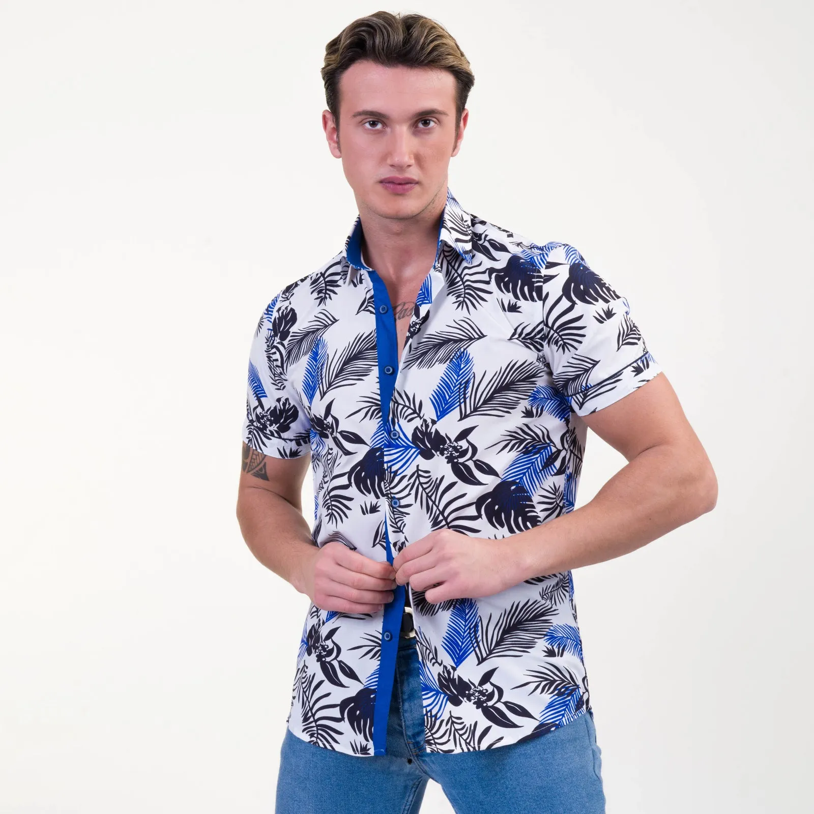Blue White Tropical Short Sleeve Button up Shirts for Men - Tailored Slim Fit Cotton Dress Shirts