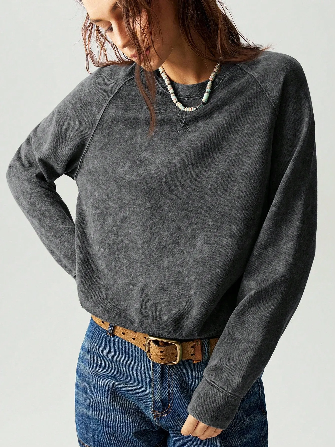 Bohemela Casual Solid Color Crew Neck Raglan Sleeve Long Sleeve Loose Women Sweatshirt
