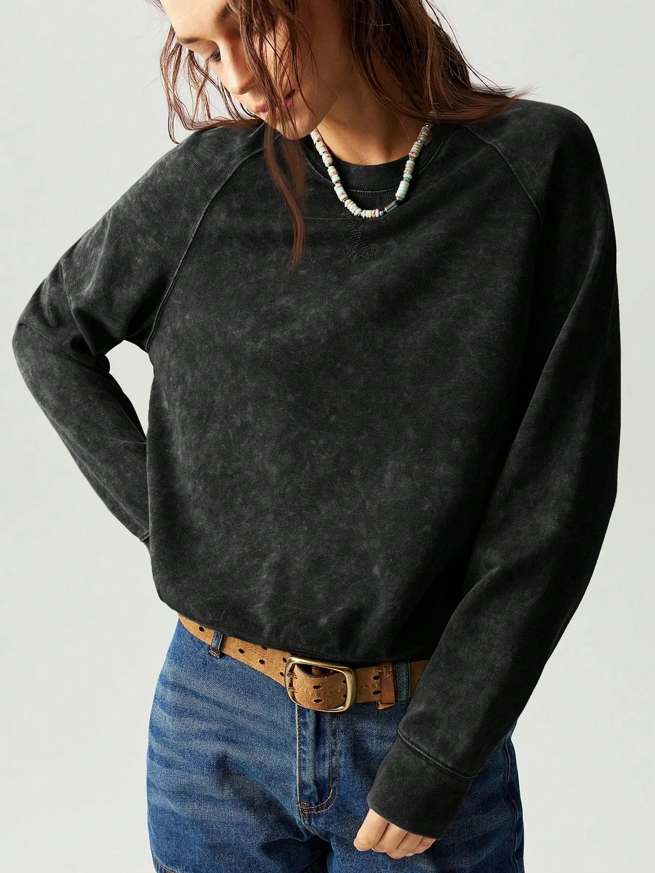 Bohemela Casual Solid Color Crew Neck Raglan Sleeve Long Sleeve Loose Women Sweatshirt