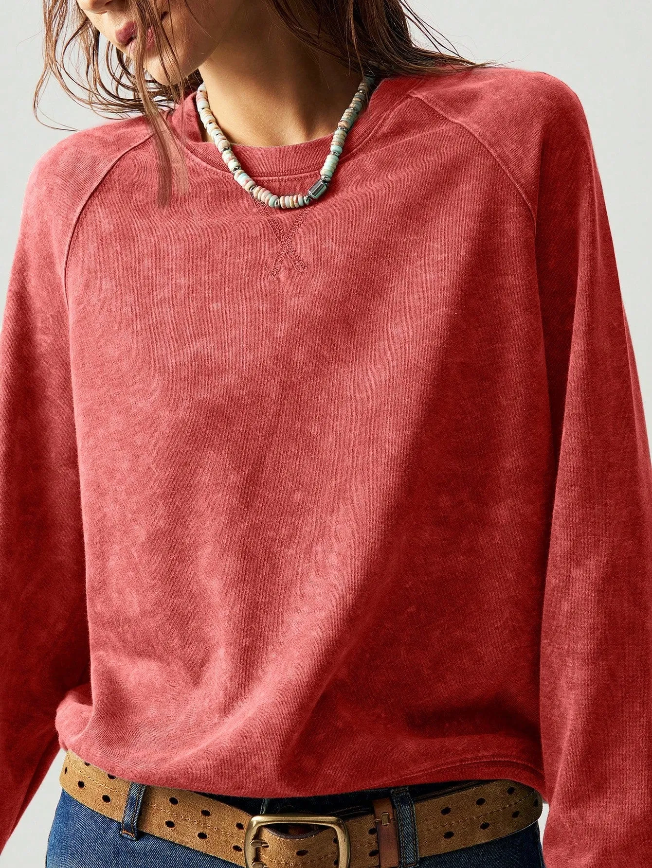 Bohemela Casual Solid Color Crew Neck Raglan Sleeve Long Sleeve Loose Women Sweatshirt