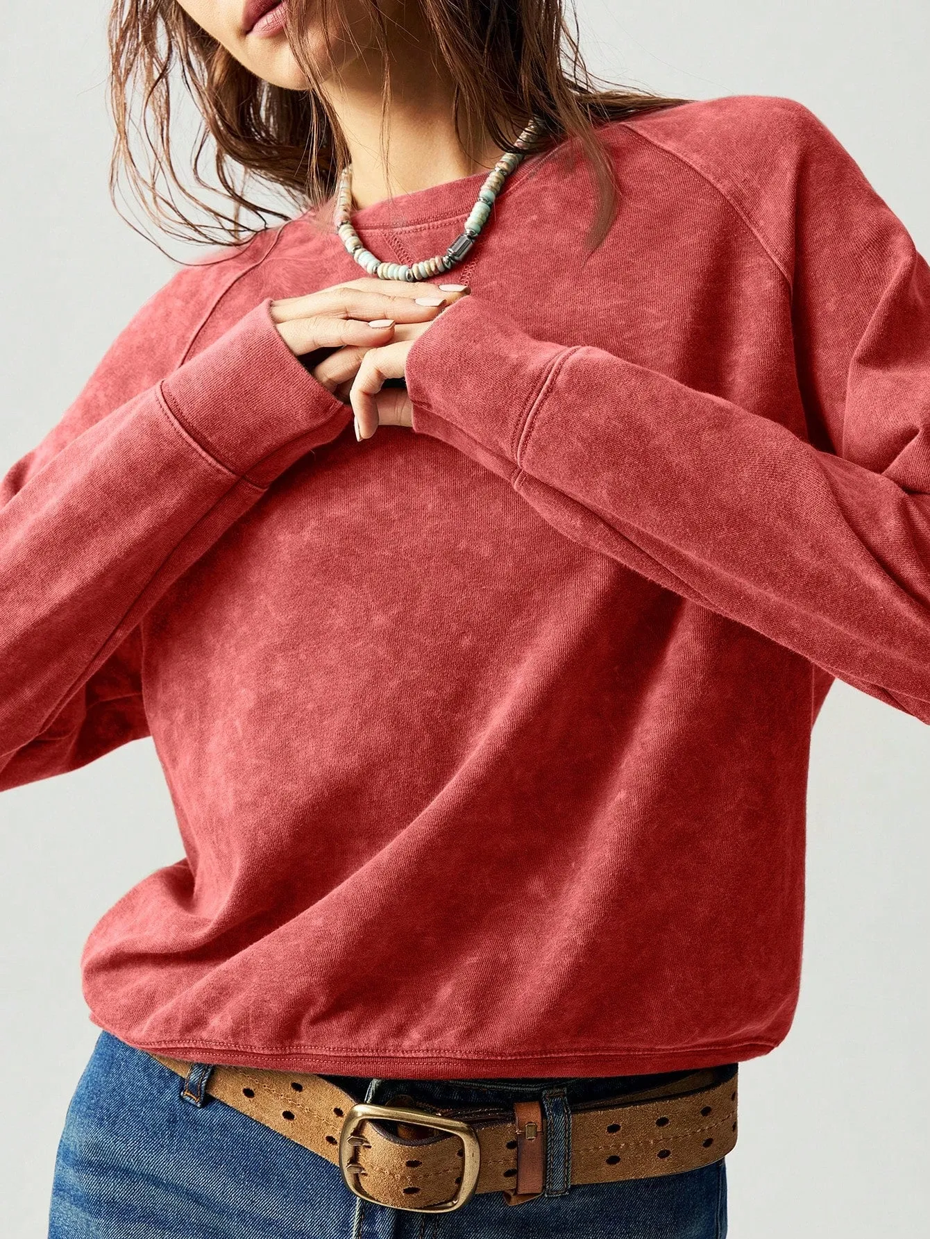 Bohemela Casual Solid Color Crew Neck Raglan Sleeve Long Sleeve Loose Women Sweatshirt