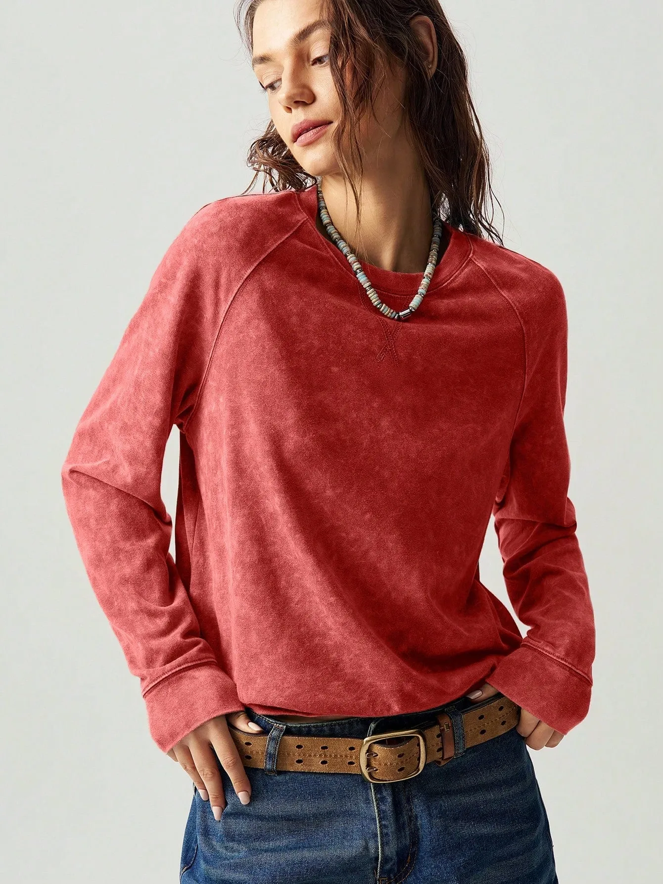 Bohemela Casual Solid Color Crew Neck Raglan Sleeve Long Sleeve Loose Women Sweatshirt