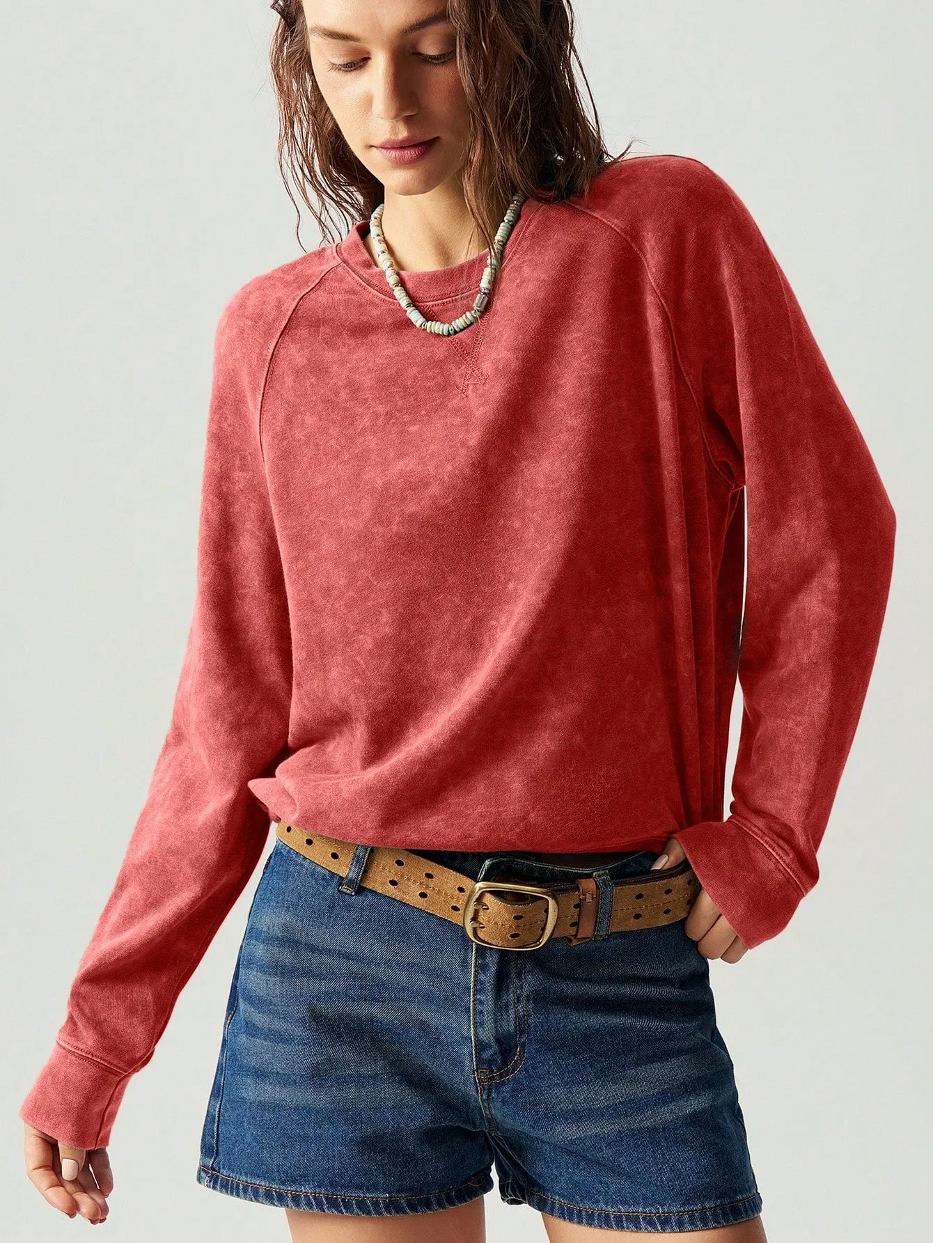 Bohemela Casual Solid Color Crew Neck Raglan Sleeve Long Sleeve Loose Women Sweatshirt