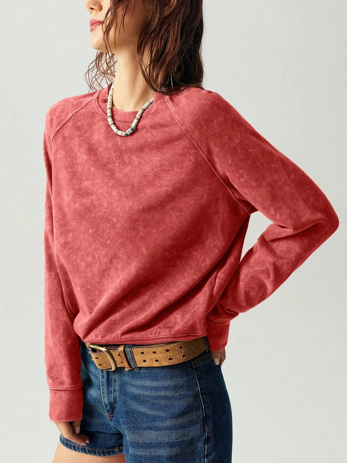 Bohemela Casual Solid Color Crew Neck Raglan Sleeve Long Sleeve Loose Women Sweatshirt