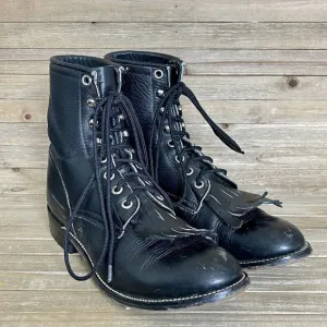 Boys Justin Kittie Fringe Black Leather Casual Vintage Combat Boots Size 5 D GUC