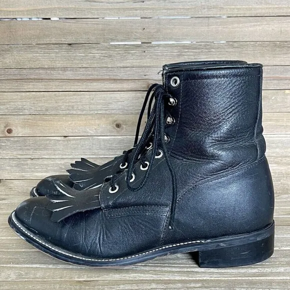 Boys Justin Kittie Fringe Black Leather Casual Vintage Combat Boots Size 5 D GUC