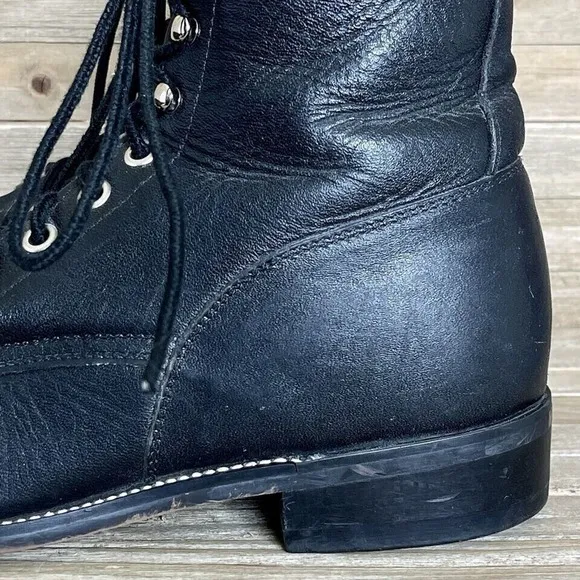 Boys Justin Kittie Fringe Black Leather Casual Vintage Combat Boots Size 5 D GUC
