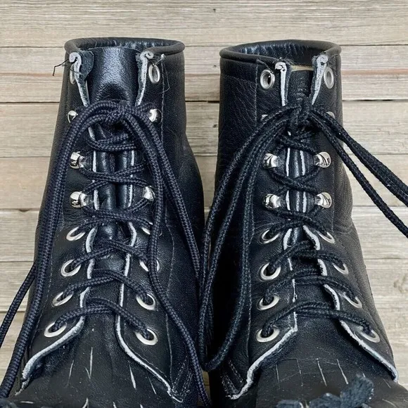 Boys Justin Kittie Fringe Black Leather Casual Vintage Combat Boots Size 5 D GUC