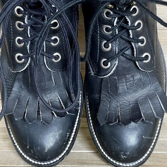 Boys Justin Kittie Fringe Black Leather Casual Vintage Combat Boots Size 5 D GUC