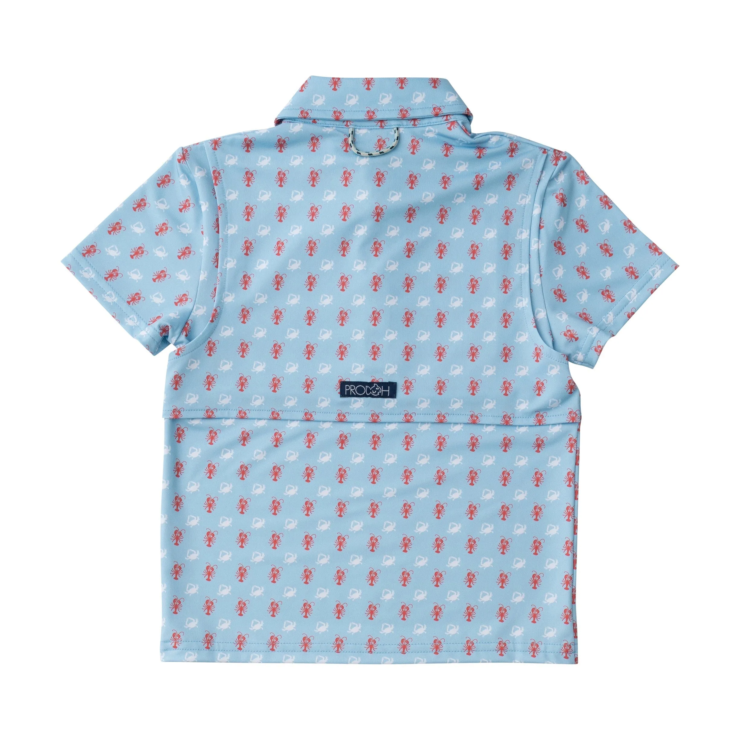 Boys Short Sleeve Pro Performance Polo in Crab and Lobster Print on Light Blue