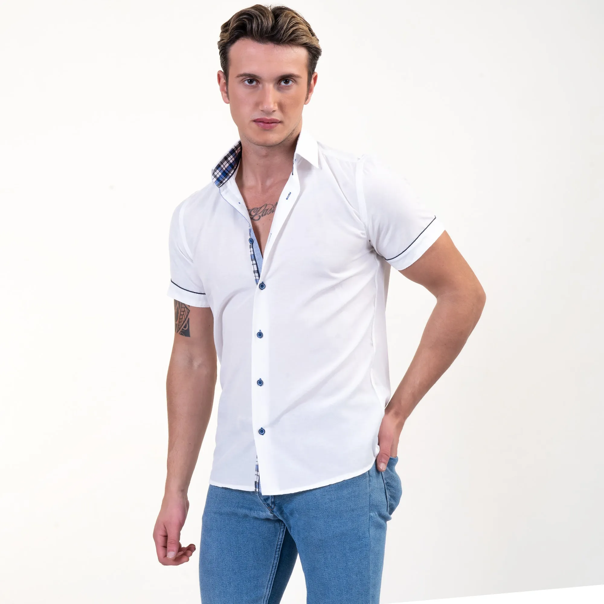 Bright White With Blue Short Sleeve Button up Shirts for Men - Tailored Slim Fit Cotton Dress Shirts