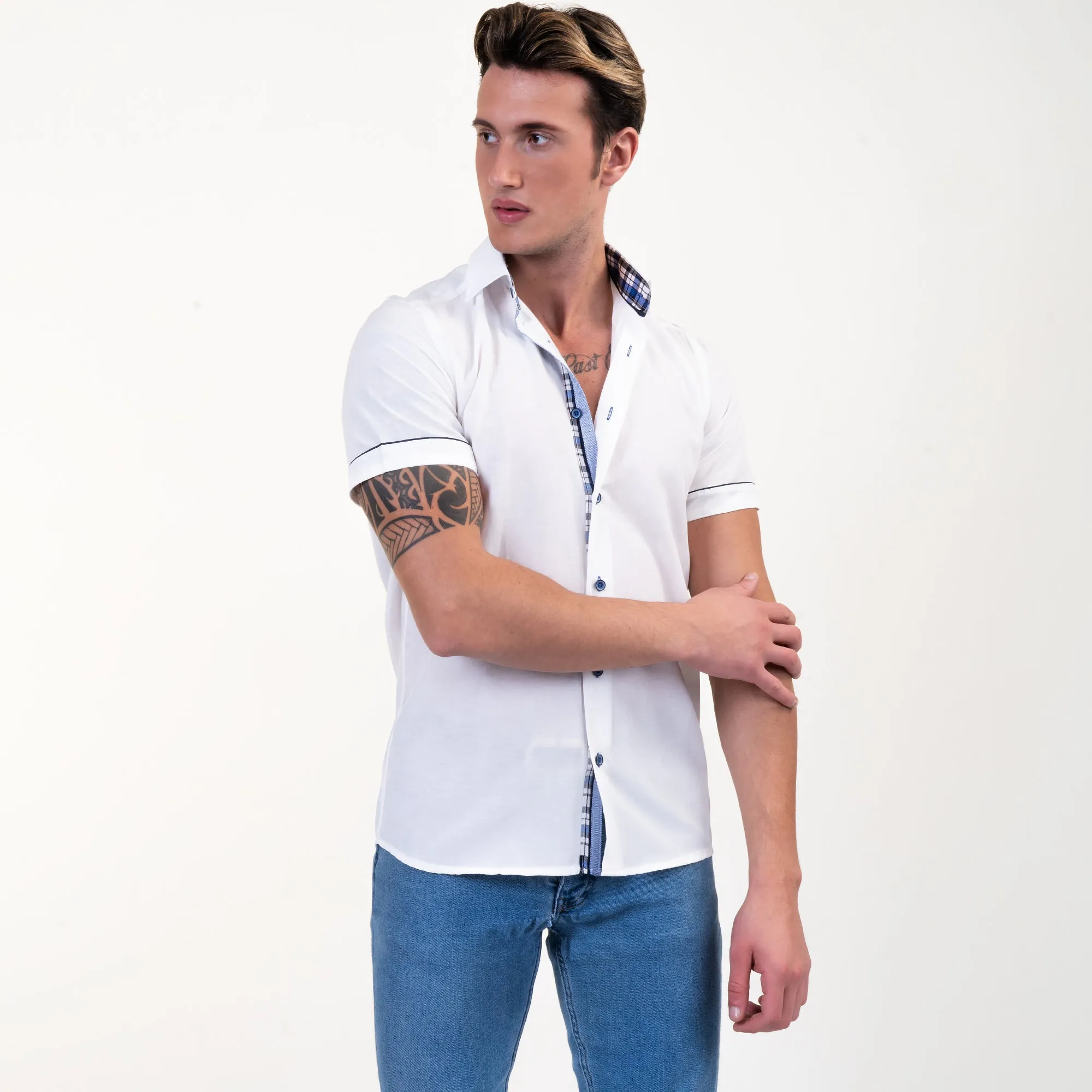 Bright White With Blue Short Sleeve Button up Shirts for Men - Tailored Slim Fit Cotton Dress Shirts