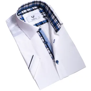 Bright White With Blue Short Sleeve Button up Shirts for Men - Tailored Slim Fit Cotton Dress Shirts