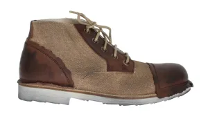 Brown Leather Linen Ankle Boots